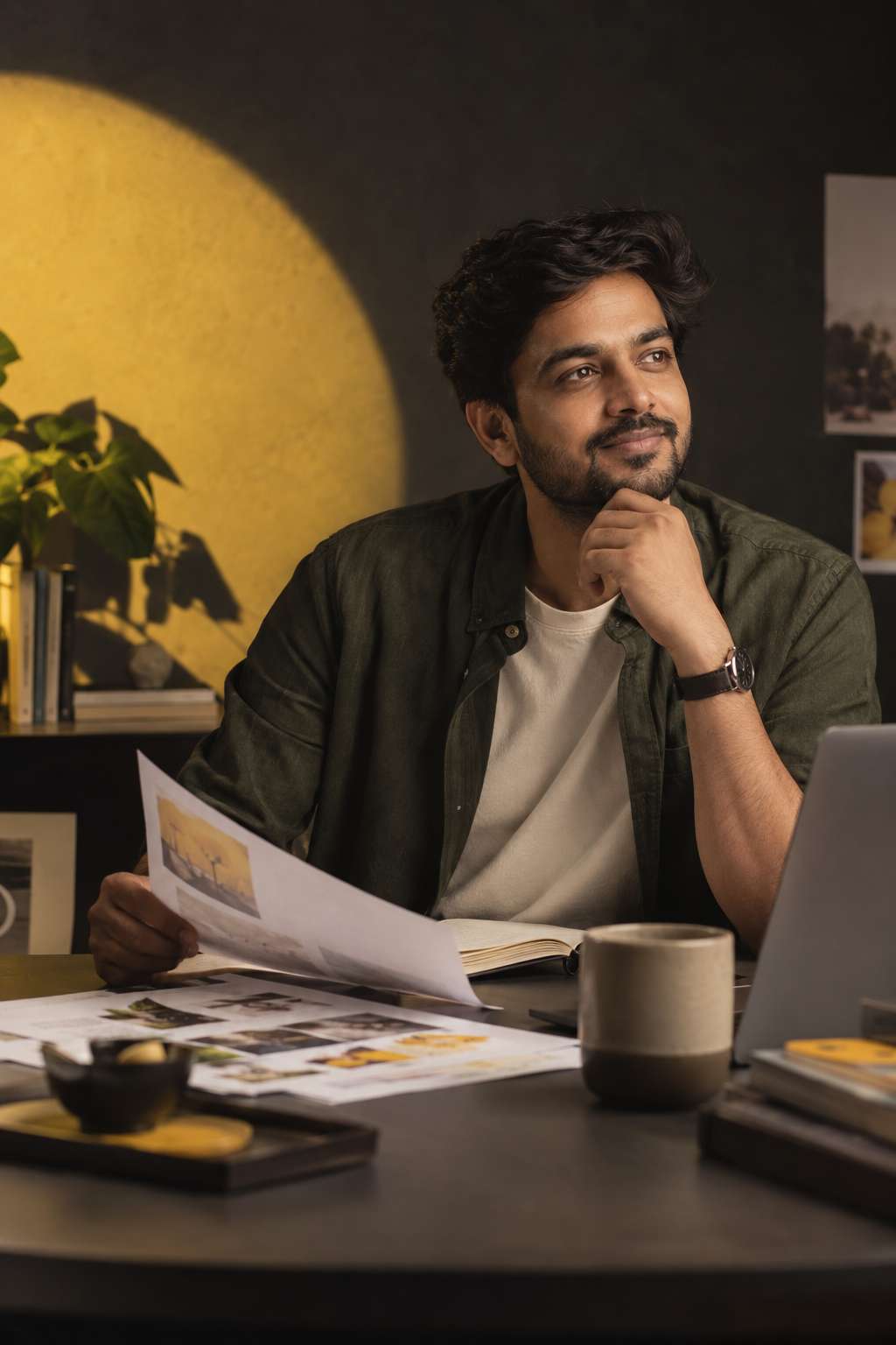 Founder reviewing a content idea at a desk