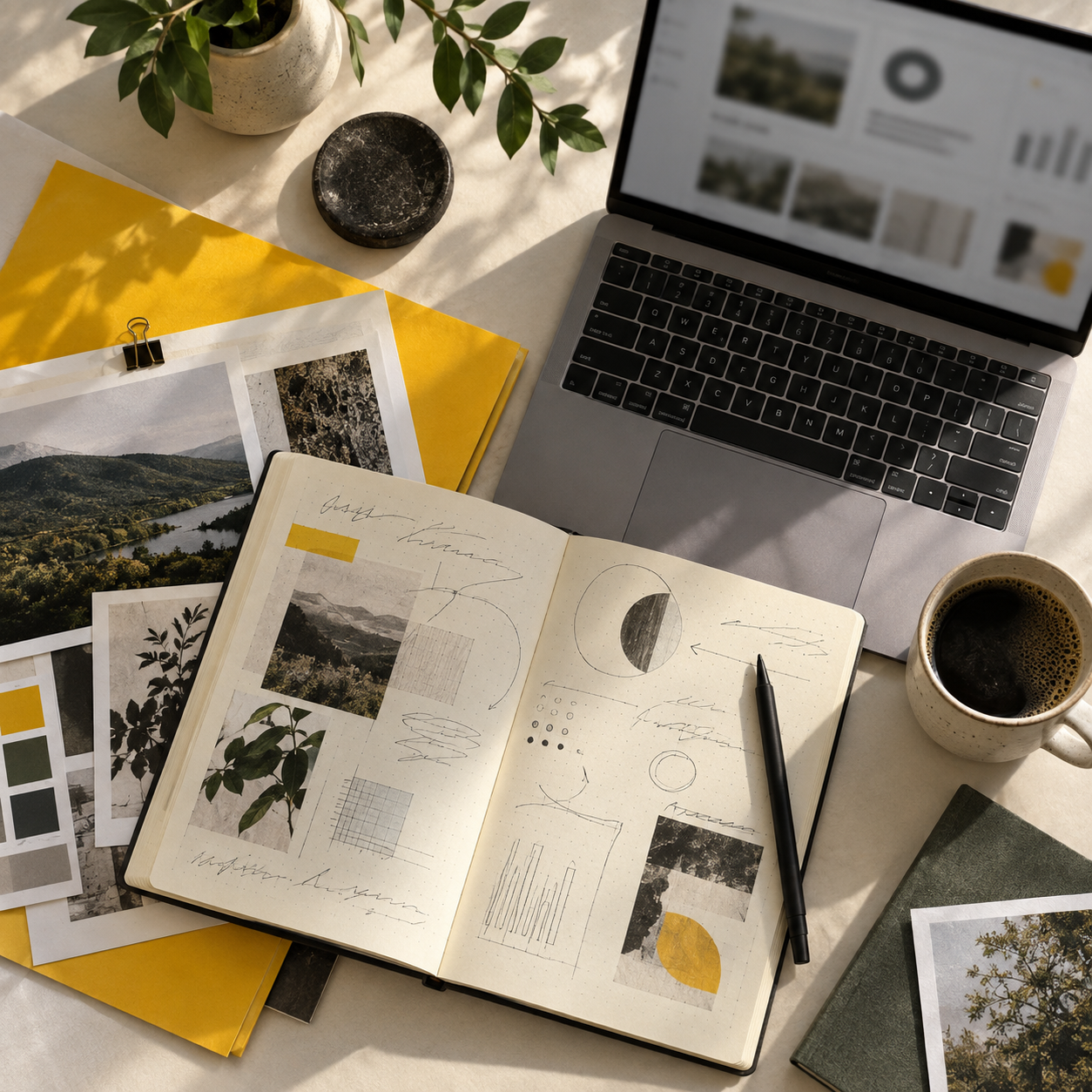 Content planning worktable with notebook and laptop